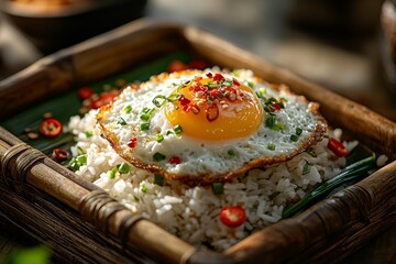 Fried egg on rice, Asian cuisine, restaurant setting, food photography