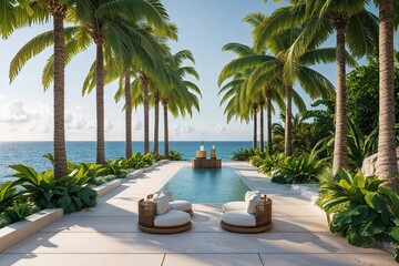 Fototapeta premium Tropical Seascape Platform with Palm Trees Perfect for Stylish Product Launch