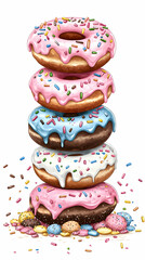 Delicious Stack of Donuts Illustration with Colorful Sprinkles and Candy