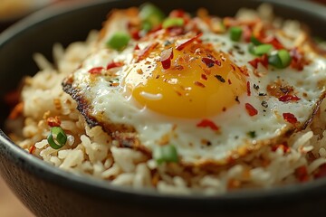 Fried egg on rice, chili, herbs, close-up, food photography, recipe