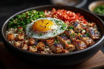 Grilled chicken, egg, rice bowl; healthy meal