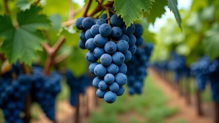 Fototapeta premium A cluster of dark blue grapes with green leaves
