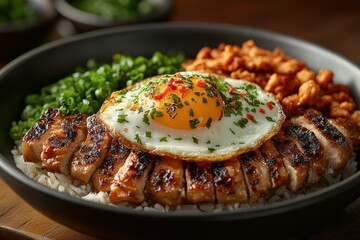 Grilled chicken, egg, rice bowl; Asian cuisine