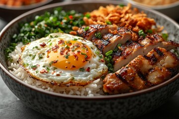 Grilled chicken, fried egg, rice bowl (1)