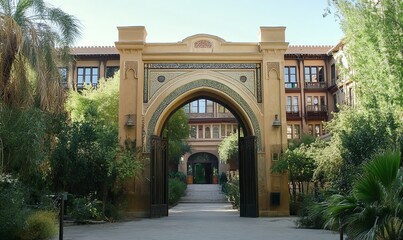 Fototapeta premium Ornate archway entrance to courtyard with lush greenery, ideal for travel or architectural photography