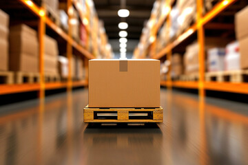 cardboard box on wooden pallet is placed in center of warehouse aisle, surrounded by shelves filled with more boxes, creating sense of organized logistics and storage