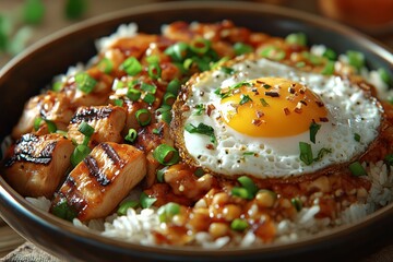 Grilled chicken, rice, egg bowl; Asian cuisine