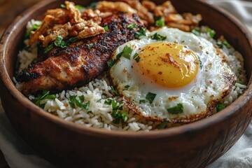 Chicken, rice, egg bowl; rustic setting. Food photography for recipe websites