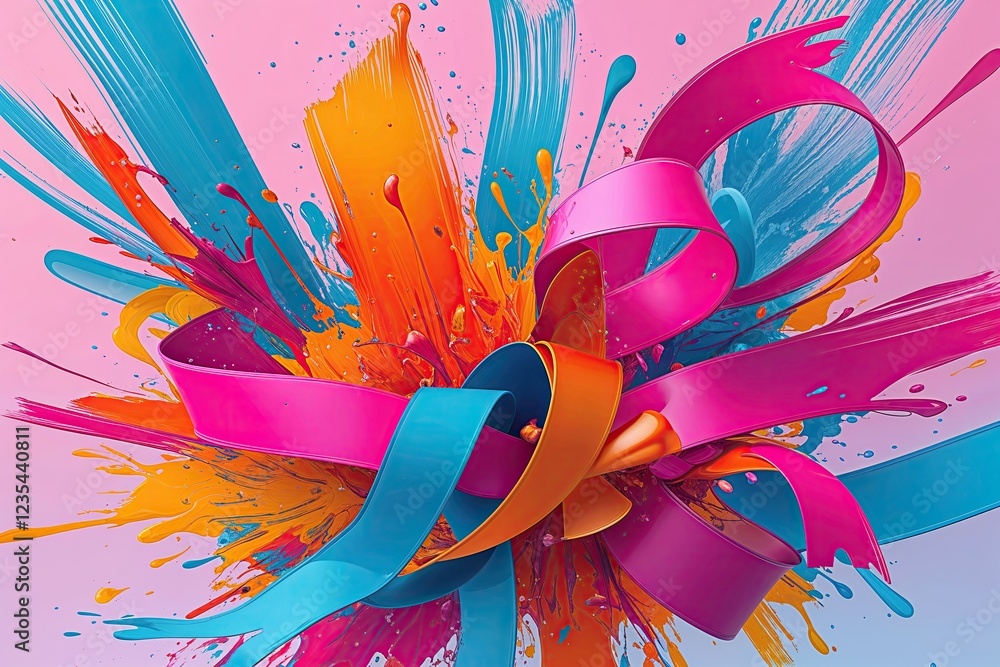 Poster dynamic abstract art with colorful brush strokes and flowing ribbon shapes