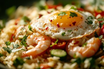 Spicy shrimp fried rice, sunny side up egg, herbs