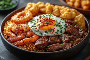 Delicious seafood fried rice bowl