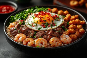 Delicious seafood rice bowl, vibrant ingredients, dark background, healthy meal