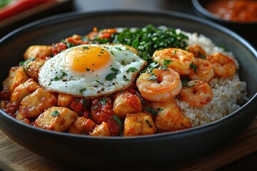 Spicy shrimp, tofu, and egg rice bowl