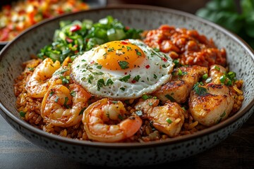 Spicy shrimp, chicken rice bowl; fried egg, salsa