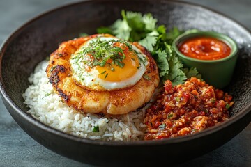 Rice bowl with fried egg, chili, cilantro