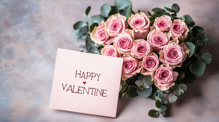 Pink Rose Bouquet and Valentine's card that reads "HAPPY VALENTINE" 
