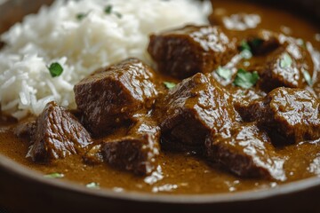 Beef stew, rice, close-up, dark bowl, home cooking
