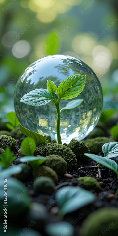 Sticker A delicate, transparent sphere containing a plant sprout, surrounded by lush greenery