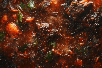 Spicy beef stew simmering, kitchen, close-up