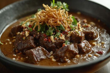 Spicy beef stew, cilantro garnish, wooden table