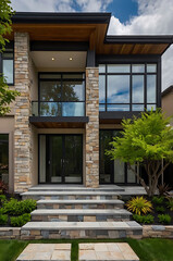 Obraz premium Modern Stone House Exterior: Contemporary Architecture Design and Landscaping