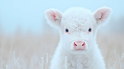 Fototapeta premium Fluffy white calf standing in a frosty winter field during a cold overcast day.