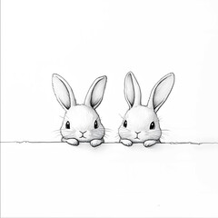 Obraz premium Two small bunnies with simple round shapes peeking from corner basic line drawing white background minimal style no facial features