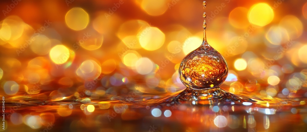 Poster a close-up image of a water droplet splashing on a surface, surrounded by shimmering golden bokeh li
