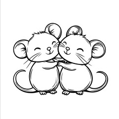 Minimalistic drawing of a two cute mice Black white cartoon style for coloring book low detail bold lines