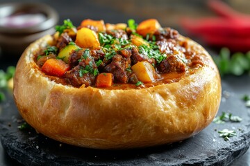 Hearty beef stew in bread bowl, dark background