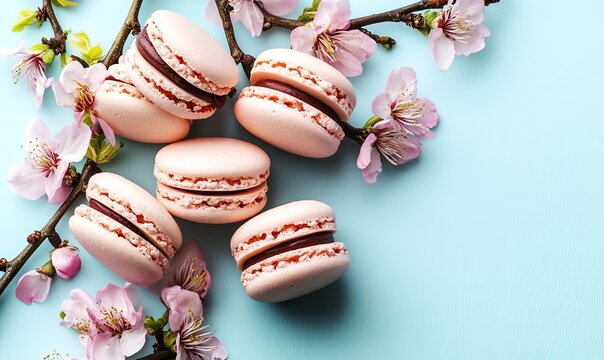 Pink macarons and spring blossoms on blue, ideal for bakery promotions or spring-themed designs