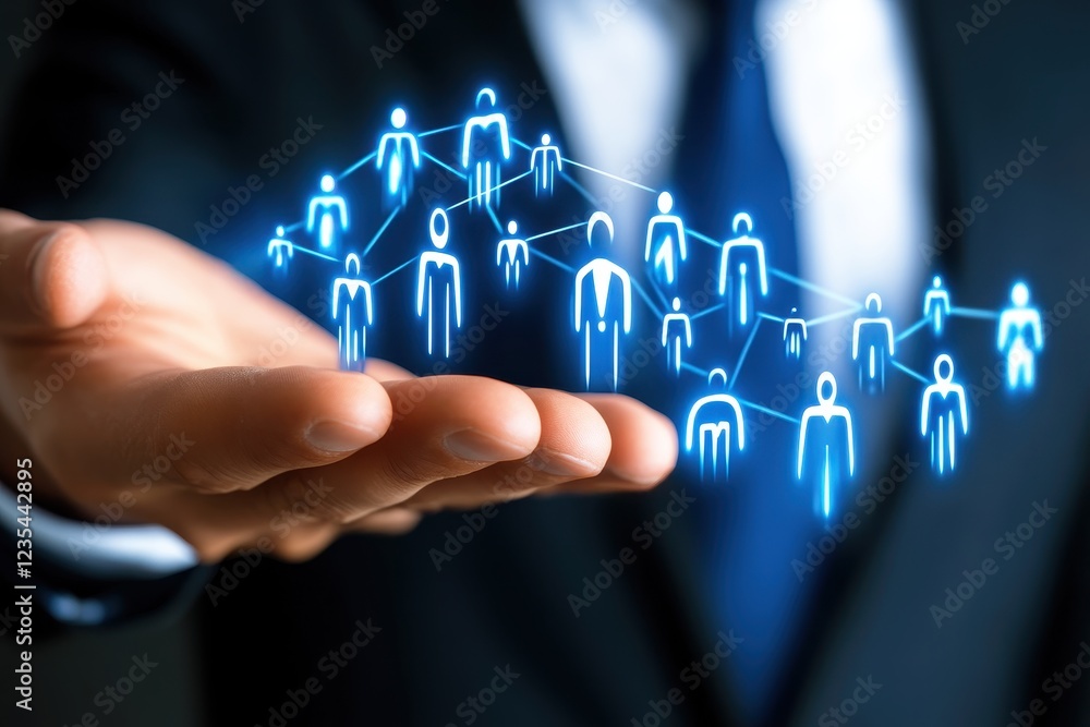 Poster man in suit holding hand with abstract network of connected figures representing digital communicati
