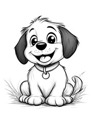 Coloring page for kids a black dog sitting in the garden in a cartoon style with thick lines low details and no shading Logo design centered