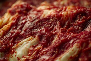 Obraz premium Spicy Kimchi Closeup, Fermented Cabbage, Red Sauce, Asian Food