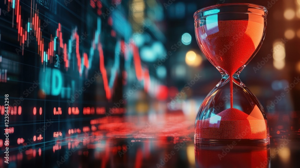 Poster a red hourglass in the foreground with dynamic stock market graphs in the background, representing f