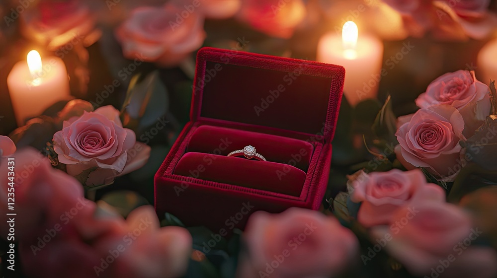 Wall mural A red velvet ring box holding an engagement ring, framed by romantic pink roses and gentle candlelight, perfect for a special proposal.