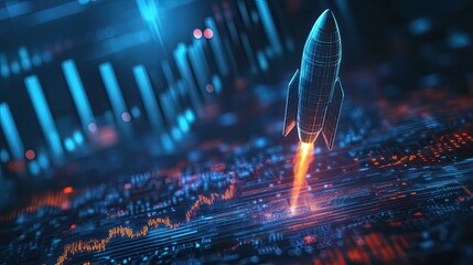 A rocket ascending amid glowing financial lines, symbolizing innovation, growth, and wealth creation in a modern economic context.
