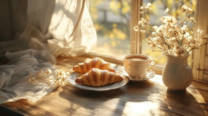 Naklejka premium A rustic morning scene with flaky croissants, hot coffee, and golden light streaming through a window, creating a warm atmosphere.