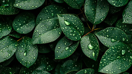 Fototapeta premium Close-up of lush green leaves with water droplets, showcasing nature's beauty
