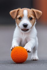 A playful puppy eagerly approaches an orange ball, showcasing its lively spirit and adorable features.