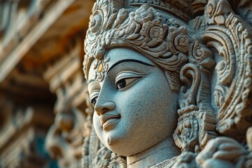 Goddess statue, temple detail, India, sunlight, religious art