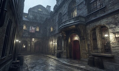 Fototapeta premium Rainy cobblestone alley at night with gothic buildings, red doorway, ideal for mystery or fantasy settings