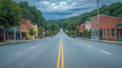 Tranquil Town Street Scene Under Cloudy Skies