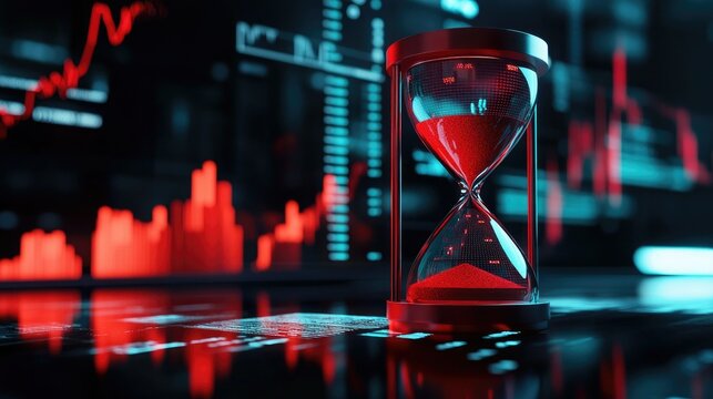 A sleek red hourglass highlighted by modern financial charts, embodying the volatile and dynamic nature of investment trends.