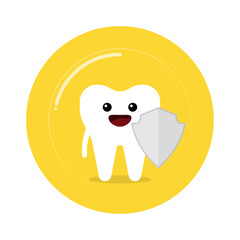 Cute tooth character holding protection shield isolated on white background.