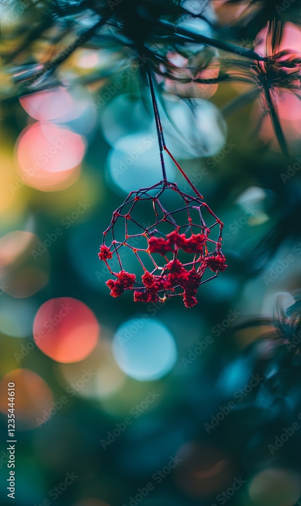 Poster red berries in a delicate net hanging from a branch, bokeh background