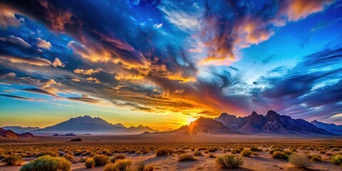 Naklejka premium Vibrant sunset over a vast desert landscape with towering mountains and deep blues in the sky