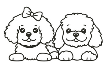 Simple line drawing of two cute kawaii dogs One is a white poodle with a bow on its head and the other dog has long fur sitting together and holding paws on a simple