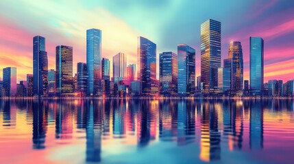 Fototapeta premium A vibrant urban skyline with towering reflective buildings and modern office skyscrapers, emphasizing contemporary city life.