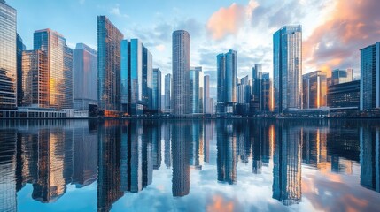 Fototapeta premium A vibrant urban skyline with towering reflective buildings and modern office skyscrapers, emphasizing contemporary city life.